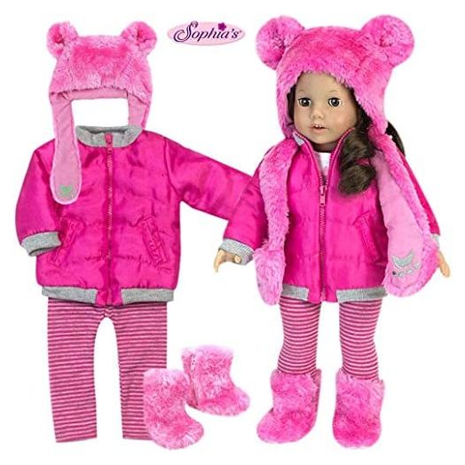 Sophia's Doll Clothes 4 Pc. Set of Pink Polar Bear Hat, Boots, Fuchsia Jacket & Matching Leggings 18 Inch Doll Winter Outfit: 4 Pc Fuchsia Doll Coat, Leggings, Polar Bear Doll Hat & Boots