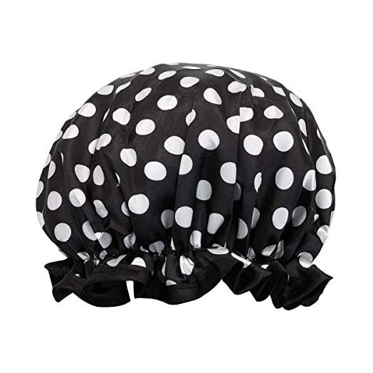 allydrew Reusable Women's Waterproof Shower Caps for Long Hair, Black and White Dots