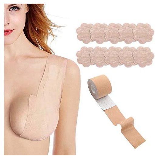 Boob Tape and 10 Pcs Petal Backless Nipple Cover Set, Breathable Breast Lift Tape Boobytape for Breast Lift Athletic Tape with Breast Petals Disposable Adhesive Bra for A-E Cup Large Breast