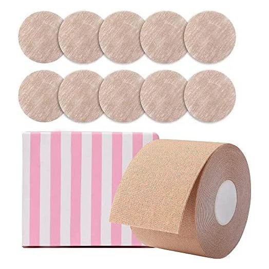 Boob Tape and 10 Pcs Backless Nipple Cover Set, Breathable Breast Lift Tape Boobytape for Breast Lift Athletic Tape with Breast Petals Disposable Adhesive Bra for A-E Cup Large Breast