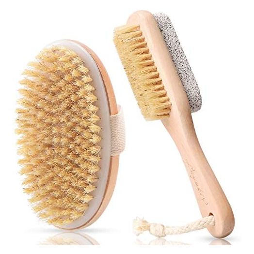 LAYUKI Body Brush for Dry or Wet Brushing and 2-Sided Foot File Scrubber Set, Body Scrubber for Bath or Shower, Exfoliating Skin, Cellulite Treatment, Foot File Scrubber with Pumice Stone