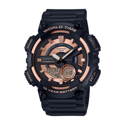 Casio Men's AEQ110W-1A3V World Time Telememo 30 Watch, Black Resin Strap