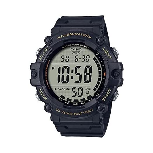Casio Illuminator Extra Long Strap 10-Year Battery 100 M Water Resistant 5-Alarm w/Countdown Timer Men's Digital Watch, Black, AE-1500WHX-1AVCF