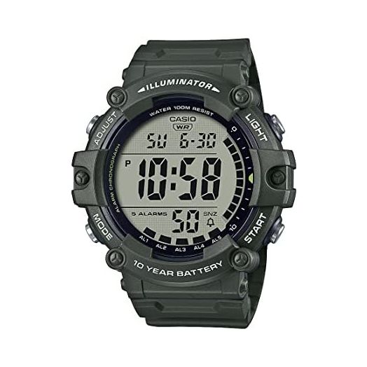 Casio Illuminator 10-Year Battery Extra Long Strap 100 M Water Resistance 5-Alarm w/Countdown Timer Men's Digital Watch, Green, AE-1500WHX-3AVCF