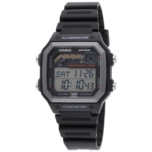 Casio Illuminator 10-Year Battery Countdown Timer Alarm Chronograph Men's Watch WS1600H-1AV, Resin, Black
