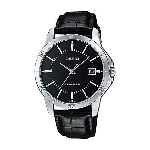 Casio MTP-V004L-1A Men's Stainless Steel Leather Band Black Dial Date Watch