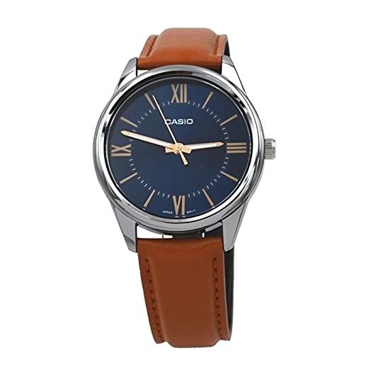 Casio MTP-V005L-2B5 Men's Standard Analog Tan Leather Band Roman Blue Dial Watch