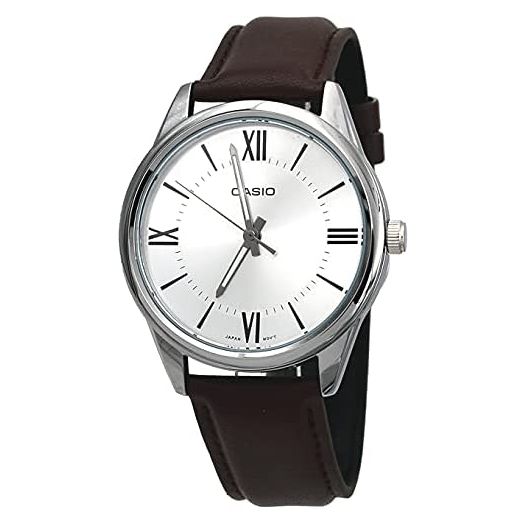 Casio MTP-V005L-7B5 Men's Standard Analog Brown Leather Band Roman Silver Dial Watch
