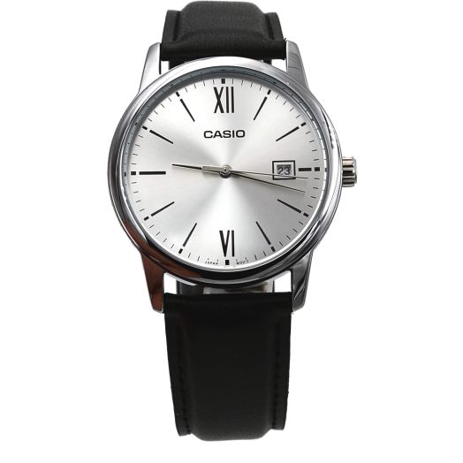 Casio MTP-V002L-7B3 Men's Standard Analog Black Leather Band Silver Dial Date Watch