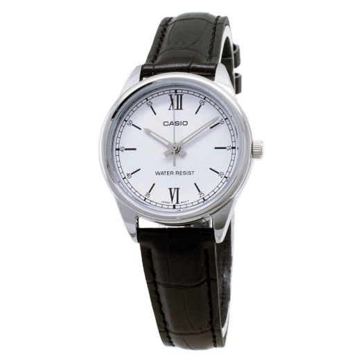 Casio LTP-V005L-7A Women's Standard Analog Black Leather Band Silver Dial Watch