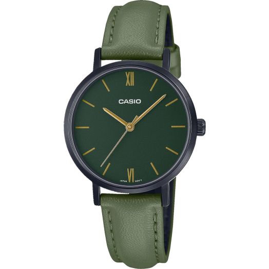 Casio LTP-VT02BL-3A Women's Minimalistic Black IP Green Dial Leather Band 3-Hand Analog Watch