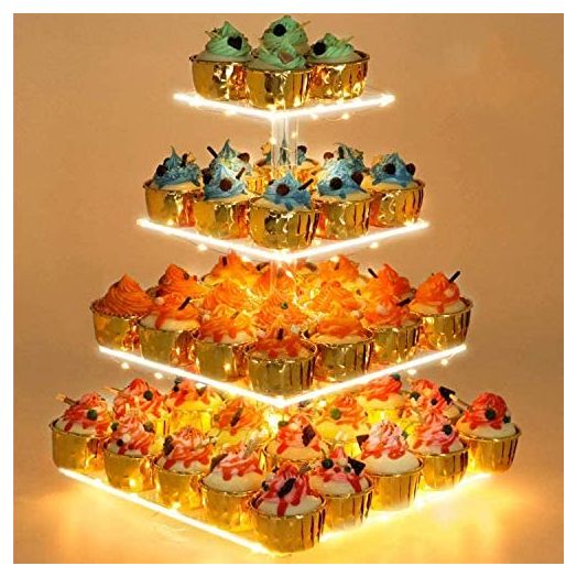 Cupcake Stand - Premium Cupcake Holder - Acrylic Cupcake Tower Display - Cady Bar Party Décor - 4 Tier Acrylic Display for Pastry + LED Light String - Ideal for Weddings, Birthday (Yellow Light)