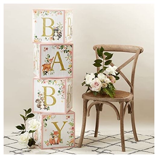 Kate Aspen Pink Woodland, One Size, Baby Boxes with Letters For Baby Shower Decoration