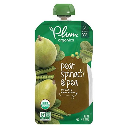 Plum Organics Baby Food Pouch | Stage 2 | Pear, Spinach and Pea | 3.5 Ounce | 12 Pack | Fresh Organic Food Squeeze | For Babies, Kids, Toddlers