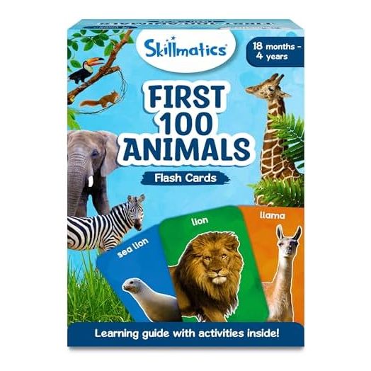 Skillmatics Thick Flash Cards for Toddlers - First 100 Animals, Montessori Toys & Educational Games, Preschool Learning for Kids 1, 2, 3, 4 Years