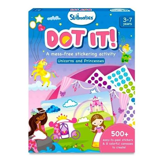 Skillmatics Art Activity - Dot It Unicorns & Princesses, No Mess Sticker Art for Kids, Craft Kits, DIY Activity, Gifts for Boys & Girls Ages 3, 4, 5, 6, 7, Travel Toys