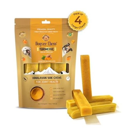 Dogsee Himalayan Yak Cheese Chews with Turmeric 1lb (Large - 4 Chews) | Hip & Joint Health Support for Dogs | Fight Plaque & Tartar | Long Lasting Dental Dog Chews