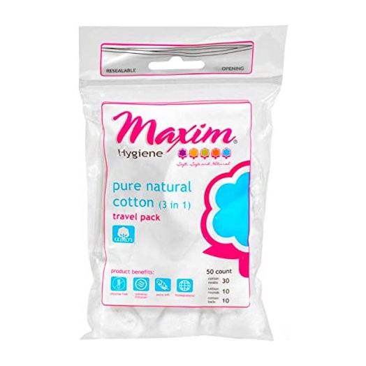 Maxim Natural Cotton Travel Pack, 50ct, Combo (3-in-1, Balls/Rounds/Swabs), No Chlorine/Dioxin, Biodegradable, Hypoallergenic, Gentle Touch, with Paper Stick Swabs, Combo Pack 1 Pack of 50