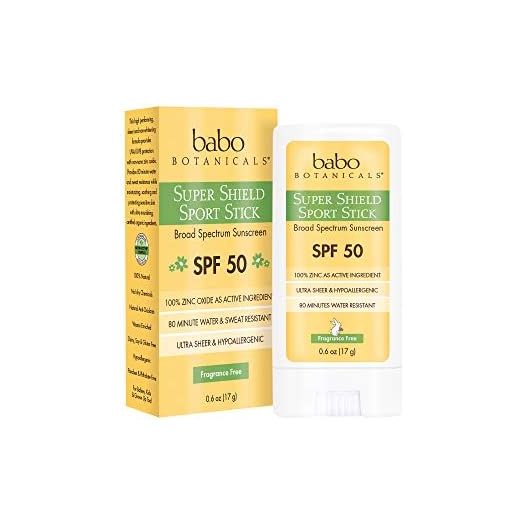 Babo Botanicals Super Shield Zinc Sport Stick Sunscreen SPF 50 with Soothing Organic Ingredients, Non-Nano, Fragrance Free, for Baby, Kids or Sensitive Skin, Yellow, Unscented, 0.6 Ounce