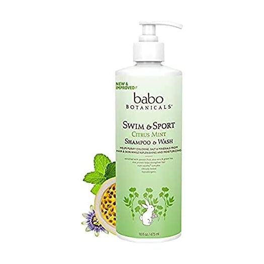 Babo Botanicals Purifying Swim & Sport 2-in-1 Shampoo & Wash - with Passion Fruit Oil, Organic Aloe & Green Tea - for Babies, Kids or Extra Sensitive Skin - Light Citrus Mint Fragrance, 16 Ounce