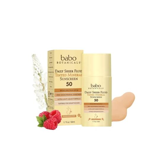 Babo Botanicals Daily Sheer Fluid Tinted Mineral Sunscreen Lotion SPF 50 with Non-Nano Zinc Oxide - Golden-Hued Tint, for Sensitive Skin - Fragrance Free & Ultra-Lightweight - 1.7 fl. oz., Yellow