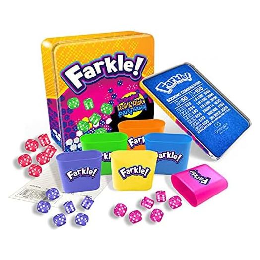 Farkle Deluxe Dice Games Set Includes 36 Colorful Dice, 6 Rolling Cups, Rolling Tray, and Score Sheets The Classic Push-Your-Luck Dice Game