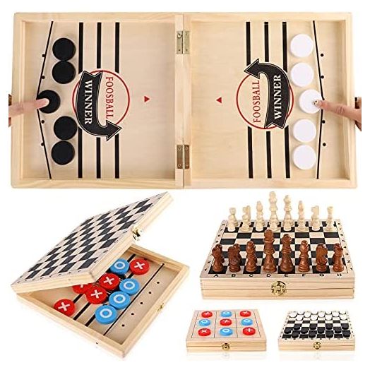 Sling Puck Game, Chess Checkers Game Set, 4 in 1 Board Game, Fast Hockey Table Game