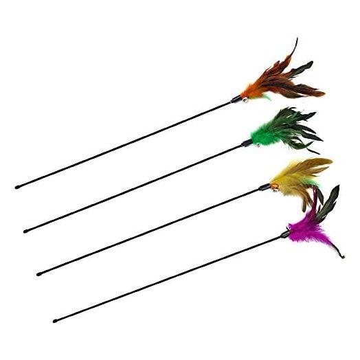 Cat Wand Toys, 4 PCS Interactive Cat Teaser Wand Cat Feather Toys with Loud Bell - 20" Long Wand for Cat and Kitten
