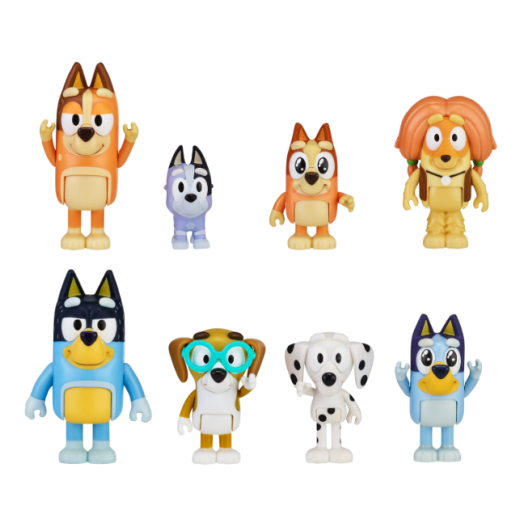 Bluey's Family and Friends - 8 Pack - 2.5-3" Bluey, Bingo, Chilli (Mum) and Dad (Bandit), Honey, Socks, Chloe and Indy Figures