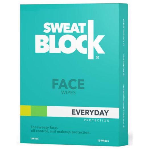 SweatBlock Daily Antiperspirant Face Wipes + Oily Skin Control, Minimize Shine & Protect Makeup. Ideal for Face, Forehead, & Upper Lip - Clinically Tested & Skin-friendly with Vitamin E - Unisex - 15 Wipes