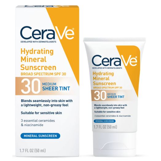 CeraVe Tinted Sunscreen with SPF 30 | Hydrating Mineral Sunscreen With Zinc Oxide and Titanium Dioxide | Sheer Tint for Healthy Glow | 1.7 Fluid Ounce