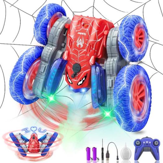 Spider Remote Control Car - 2.4Ghz 4WD RC Stunt Car with 360° Rotation Displays 4 LED Texts, Spray Function, LED Lights, Rechargeable Battery, for Boys and Girls