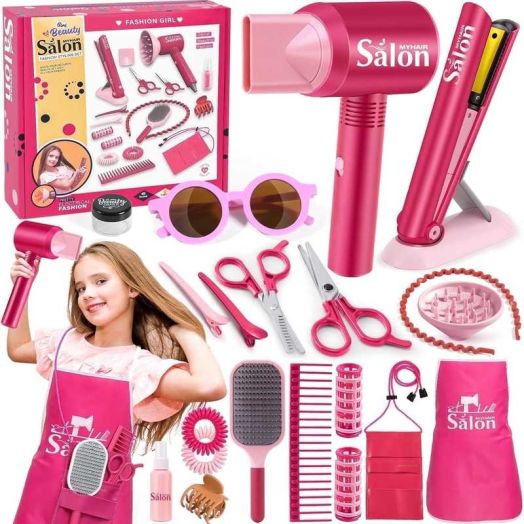 Adofi Girl Toys, 22 Pieces Hair, Kids Pretend Play Hair Styling Set with Realistic Blow Dryer Straightener Apron Scissors Accessories, Beauty Makeup Kit for Kids, Toys for Girls 3 6 Years