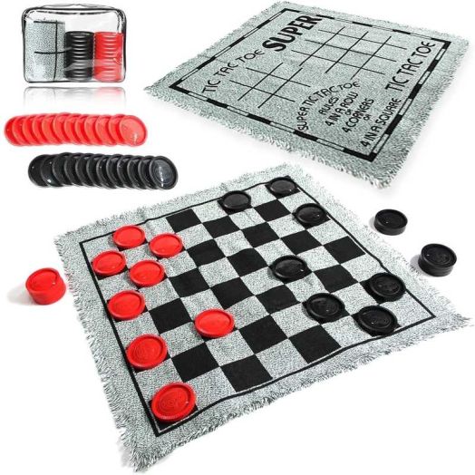 3 in 1 Giant Checkers & Mega Tic Tac Toe with Reversible Mat - Jumbo Classic Board Games for Family Fun, Indoor/Outdoor Activity