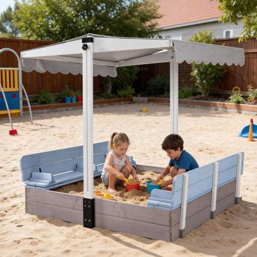 Aivituvin Sandbox for Kids with Lid and Canopy, Sand Boxes with Covers Foldable Bench Seats, Children Outdoor Wooden Playset - Retractable Roof (Blue)