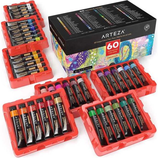 Arteza Gouache Paint Art Supply Set, 12ml Tubes, Set of 60