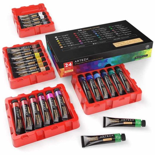Arteza Gouache Professional Artist Paint Art Supply Set, 12ml Tubes, Set of 24