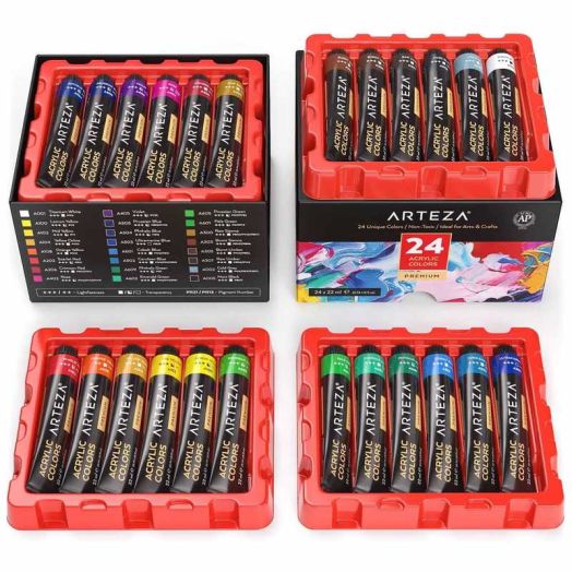 Arteza Premium Acrylic Artist Paint Set, 22ml Tubes, Assorted Colors, 24 Pack