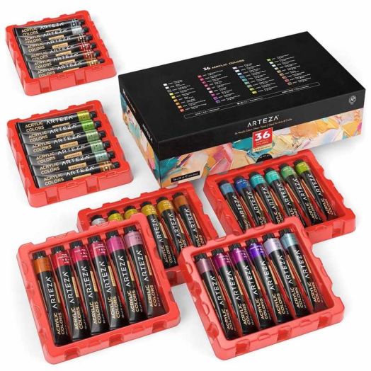 Arteza Premium Metallic Acrylic Artist Paint Set, 22ml Tubes, Assorted Colors, 36 Pack