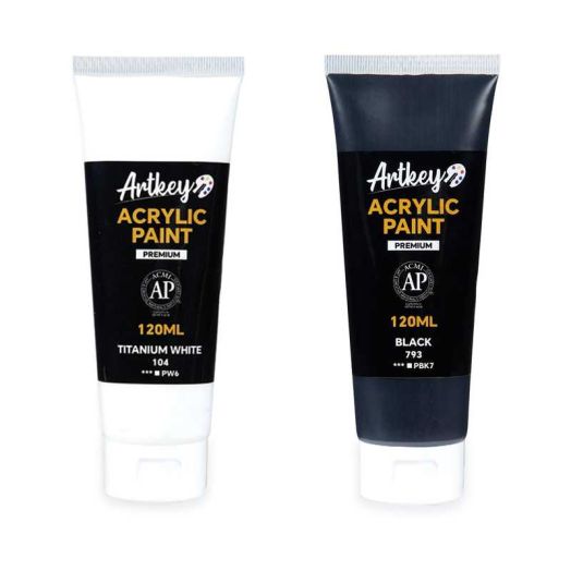 Artkey Acrylic Paint - White and Black (120 ml/4.06 oz) Tubes, Rich & Vibrant Pigments, Professional Artists Acrylic Paints - Art Supplies for Canvas Wood Rock Clay Ceramics Art Crafts Painting