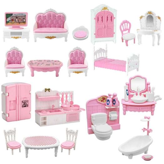 32 Pcs Pink Dollhouse Furniture Set,4 in 1 Dollhouse accessories and furniture, Pretend Play Furniture Toys Christmas Birthday for Girls 3Y+