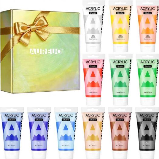 AUREUO Studio Acrylic Paint Set - 12 Color x 75ml / 2.5 fl oz Tubes - Non-Toxic Art Paints for Canvas, Wood, Glass, Crafts Painting Supplies