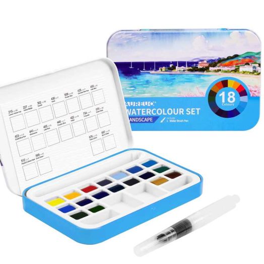 AUREUO Watercolor Paint Set with Water Brush, Landacape Hues, 18 Watercolor Cakes Half Pan Palette for Kids, Beginners, Adults and Artists