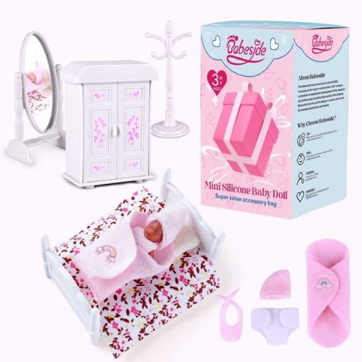 BABESIDE 3 Inch Mini Silicone Baby Dolls Black Miniature Baby Dolls Full Silicone Sleeping Mini Little Real Life Baby Dolls Girl with Playset Accessories