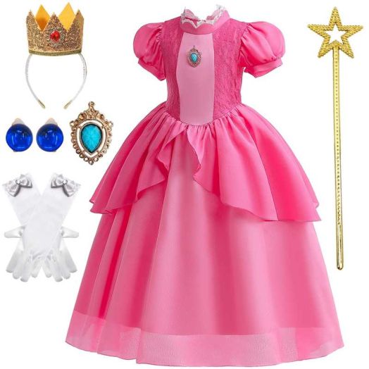 Princess Peach Costume for Girls Dress up Outfit with Crown Gloves Earring Wand 6-7Years(P03)
