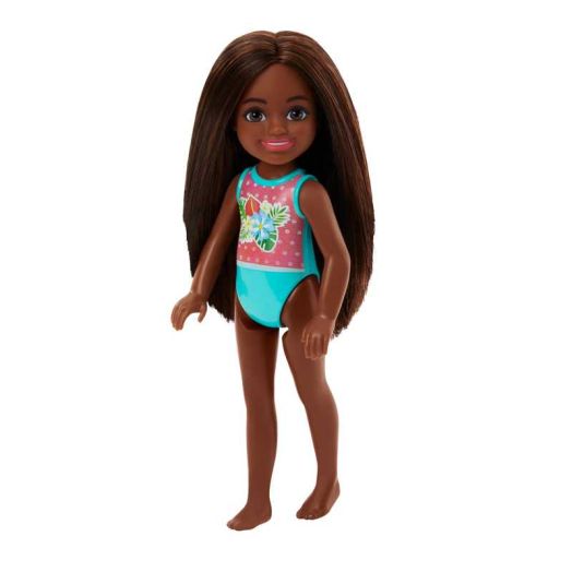 Barbie Chelsea Small Doll with Beach Swimsuit, Polka Dot & Floral Print, Brown Hair & Brown Eyes