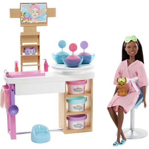 Barbie Face Mask Spa Day Playset, Brunette Doll & 10+ Accessories Including Puppy, Mask Mold & Dough