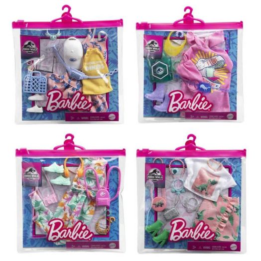 Barbie Fashion Doll Clothing Accessory Sets, Jurassic World, Multiple Outfits with Dinosaur Prints, Pink and Green Colors, 3+ Years GWB08