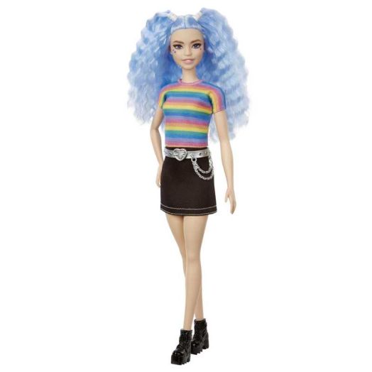 Barbie Fashionistas Doll #170 with Long Blue Crimped Hair, Star Face Makeup in Striped Tee