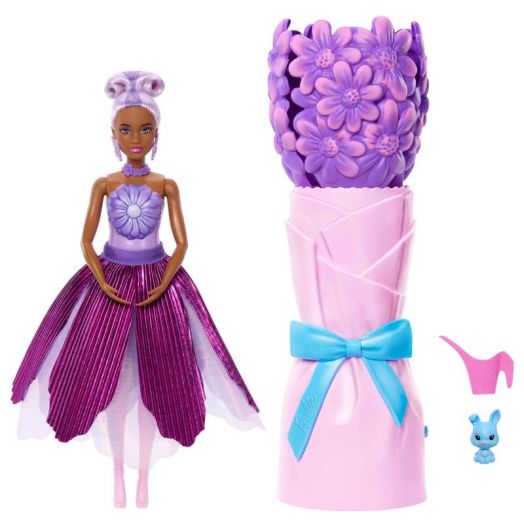 Barbie Petal Pop Scented Fashion Doll with Purple Dress, Reveal Accessories like Bunny & More